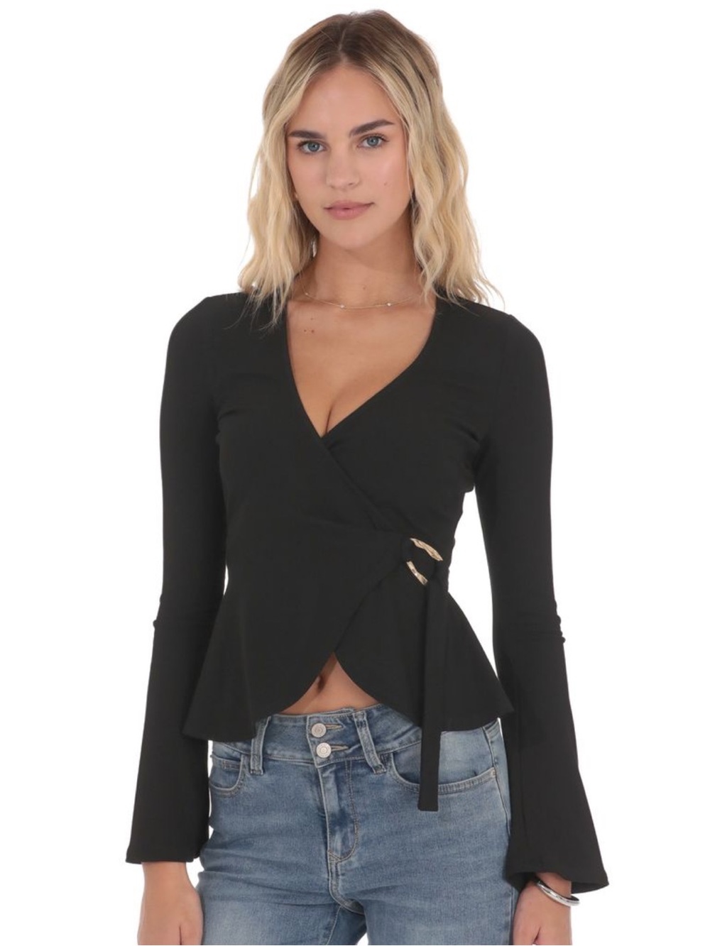 Lucy in the Sky Black Wrap Peplum Long-Sleeve Top with Side Tie